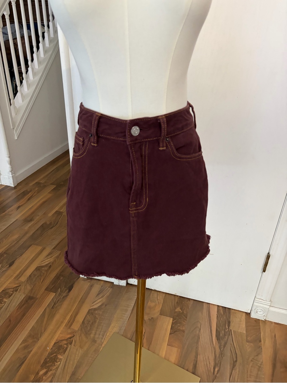 PacSun Burgundy Denim Mini Skirt Size 24 Y2K Raw Hem Low Rise Jean Skirt